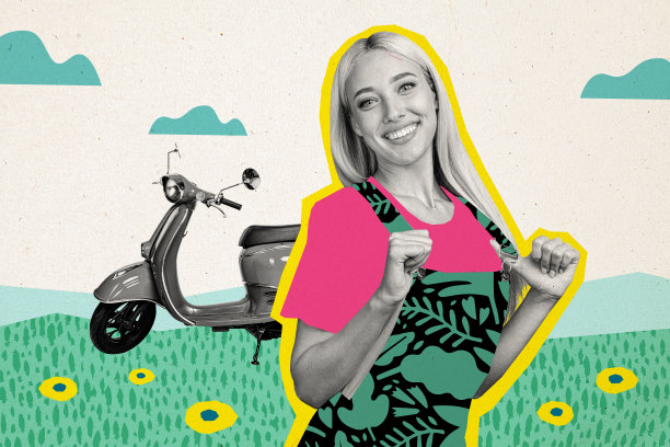 微笑的女士享受夏季交通工具的简约照片拼贴，背景为图形设计图片下载