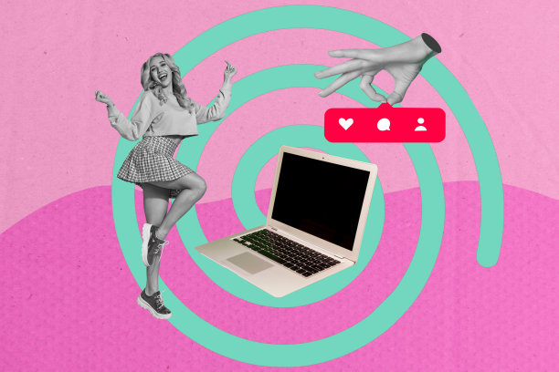 创意照片拼贴，快乐舞动的女孩，社交网络在线博客，影响者，笔记本电脑，点赞通知，用户评论，社交媒体营销图片下载