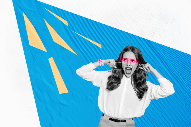 创意拼贴照片，表现不满的女孩用手指捂住耳朵，避免接触宣传和虚假信息，背景为涂鸦风格。图片下载