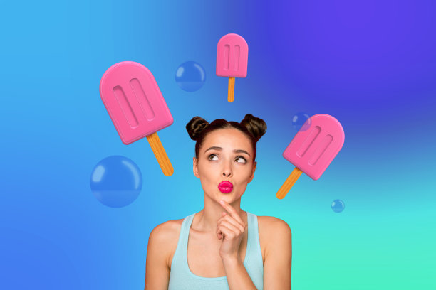 创意照片拼贴：年轻女孩面临选择，犹豫不决，不知道该选哪种冰淇淋，嘴唇微微吹气，甜美的甜点。图片下载