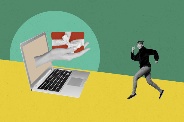 极简风格的照片拼贴艺术作品，兴奋的时尚女性在图形背景下订购现代小玩意儿。图片下载