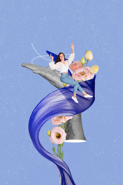 国际妇女节手持花束的欢呼女孩垂直照片拼贴，背景为涂鸦风格的画面。图片下载