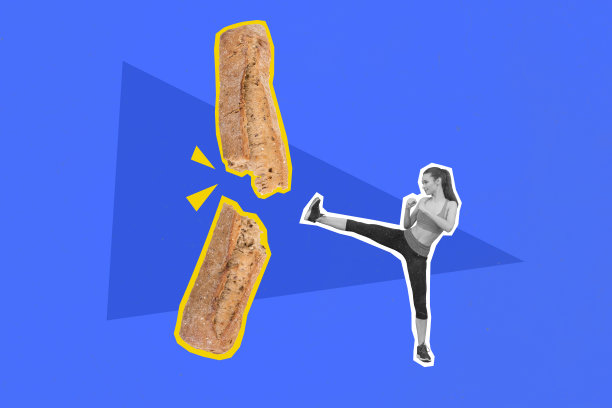 年轻女孩运动员的拼贴照片，踢面包法棍，卡路里，碳水化合物，柔道，空手道，饮食，营养，背景为涂鸦风格。图片下载