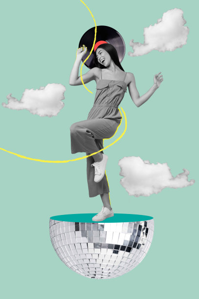 复合趋势艺术作品草图，3D照片拼贴，剪影年轻迷人女士在半个巨大的迪斯科球上跳舞，复古音乐播放。图片下载