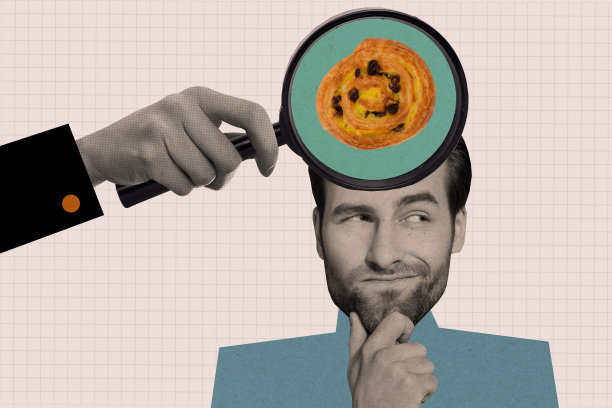 剪影年轻思考男子用巨大的放大镜看向远方，脑海中充满美味的派的照片拼贴画。图片下载
