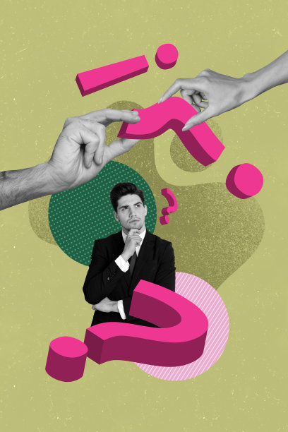 垂直图片拼贴，年轻思维的男人被质疑，寻找答案解决困境，人手分享问题，客户支持解答。图片下载