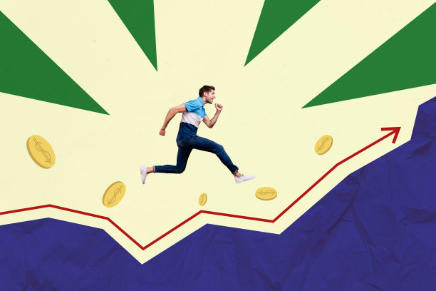 趋势艺术作品合成素描图像，3D照片拼贴，年轻运动男孩在金币下奔跑，向上增长的箭头象征成功与成长。图片下载