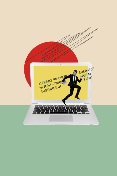 趋势艺术作品合成素描图像 3D 照片拼贴，年轻的办公室经理在巨大的笔记本电脑上奔波于任务，编程程序员。图片下载