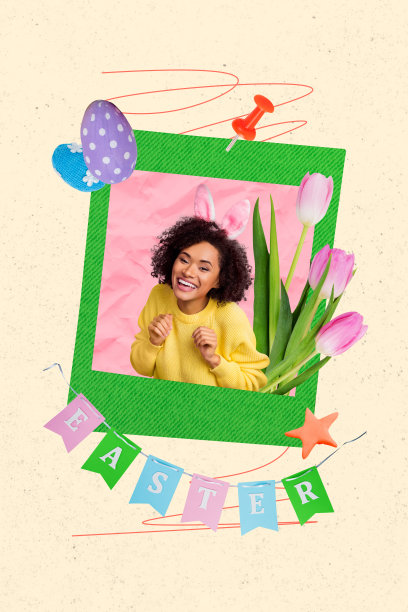 创意拼贴画，展示可爱迷人的女孩，照片专辑记忆，花朵，郁金香，复活节概念，广告牌，漫画，杂志，极简风格图片下载