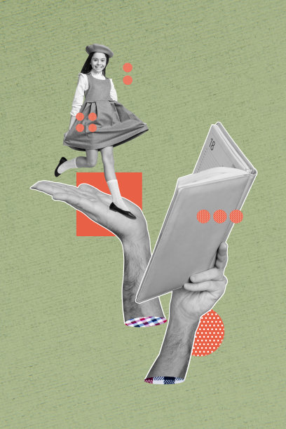 趋势艺术合成素描图像，3D照片拼贴，站在巨大手掌上的小女孩学生，阅读小说文本，学习大书。图片下载