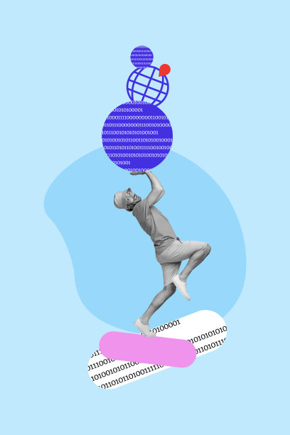 快乐男士手持一堆圆形地球标志的垂直照片拼贴，象征互联网连接，背景为涂鸦风格。图片下载