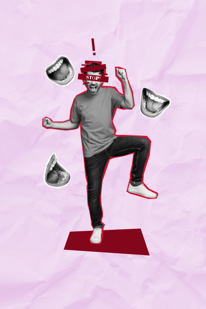 垂直创意照片拼贴，年轻愤怒的男人停止骚扰和欺凌，卡通风格，迷幻的嘴脸碎片，冒犯与冲突图片下载