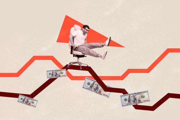 兴奋的男士骑着椅子的合成照片拼贴，象征着职业机会、财富和现金，背景为涂鸦风格。图片下载