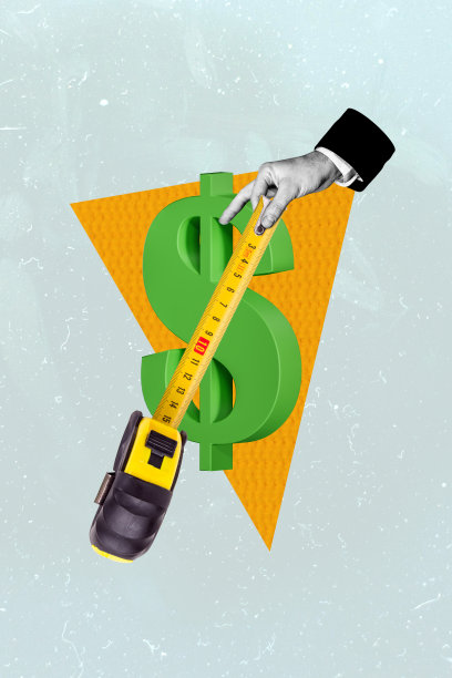 银行工作人员用尺子测量巨大的美元符号的3D照片拼贴艺术作品图片下载