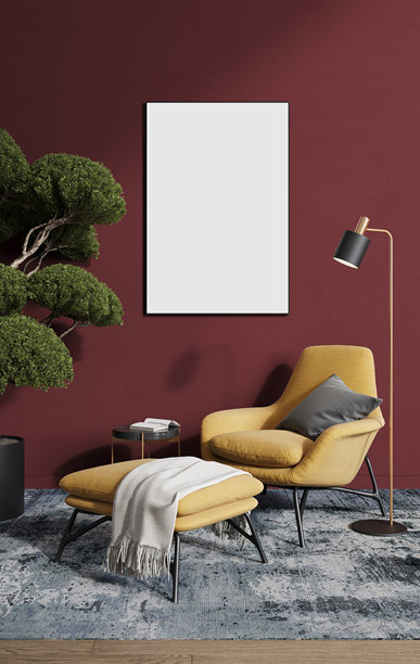 客厅里黄色扶手椅上方的空画框或照片框。3D渲染。图片下载