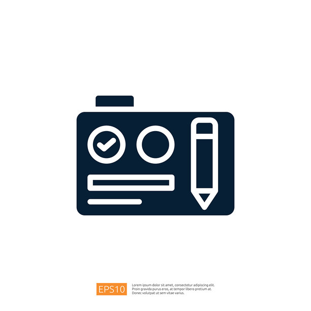 这张图片展示了一个简单的图形，表现了一个带有勾选标记、圆圈和铅笔的夹子，暗示着任务或笔记。图片下载