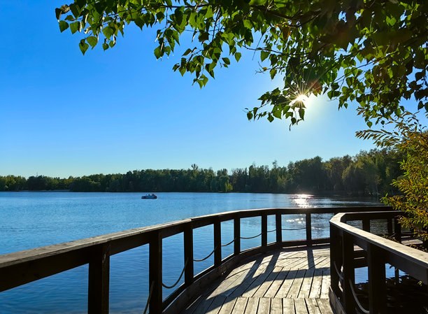 一座木桥，湖边的一棵树，水面上的倒影，一艘载着人们的游乐船，阳光明媚。俄罗斯。下诺夫哥罗德。斯维特洛亚尔湖。2024年9月。照片。图片下载