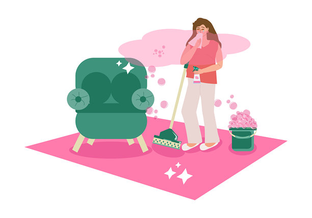 年轻的孕妇在打扫房子，正在遭受家庭过敏的困扰图片下载