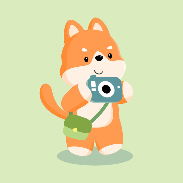 拿着相机的柴犬：一只柴犬拿着相机，记录它的旅行冒险。这张图片代表了一位好奇的旅行者在记录自己的旅程。图片下载