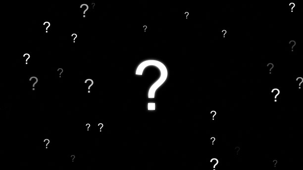 问号粒子缓慢漂浮并在深蓝色背景上模糊消失，伴有气泡 - 4K库存照片图片下载