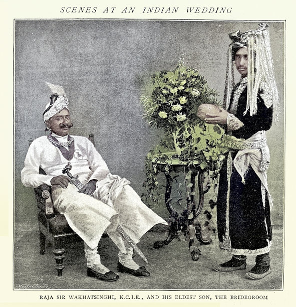 印度婚礼场景，瓦卡辛吉爵士及其长子新郎，印度历史，复古照片，1890年代，19世纪图片下载