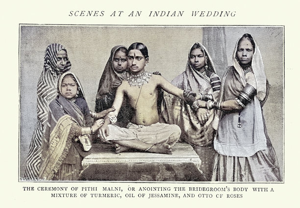 印度婚礼场景，涂抹新郎的Pithi Malni仪式，印度历史，复古照片，1890年代，19世纪图片下载