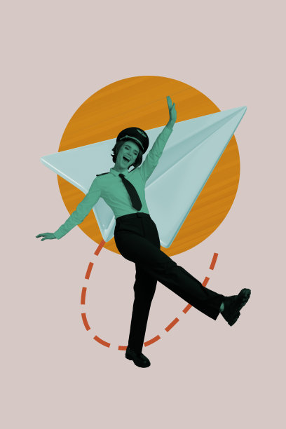 快乐的女飞行员舞蹈的艺术图像，垂直照片拼贴，折叠纸飞机，度假，空乘职业，旅行路线图片下载