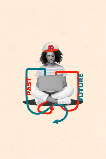 快乐的美国女孩的垂直照片拼贴，类型为笔记本电脑，剪切的头部，骰子，立方体，轮盘游戏，过去与未来的箭头，孤立在涂鸦背景上。图片下载