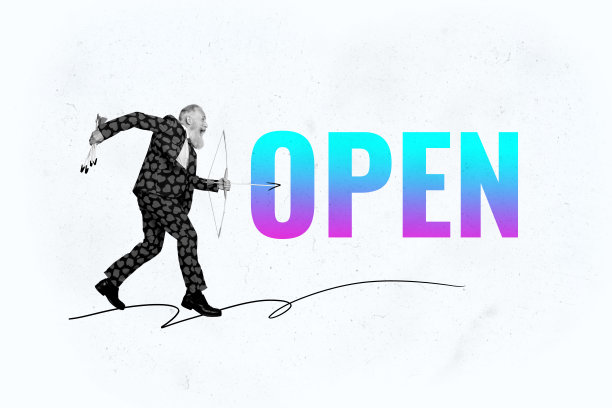 快乐的老年商人组成的照片拼贴，拉弓射箭，瞄准开放项目开发初创企业，背景为涂鸦风格。图片下载