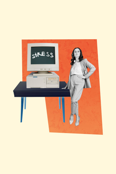 创意3D照片拼贴趋势艺术作品模板，年长女性站在办公桌前，办公室经理，过时的电脑显示器，压力过大，工作繁忙。图片下载