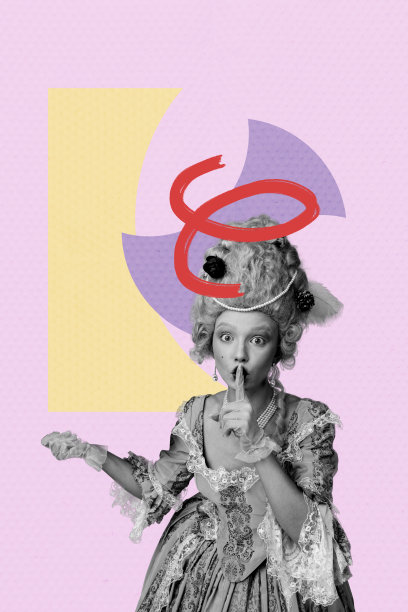 忧虑的公爵女孩的独特垂直照片拼贴，做出“嘘”的手势，展示秘密信息，穿着皇家礼服和假发，背景为史前场景。图片下载