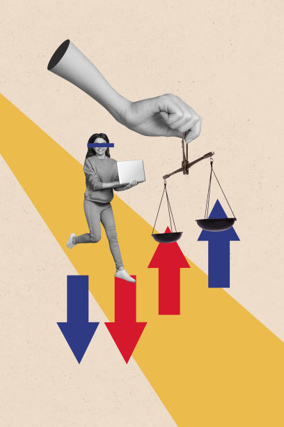 海报图像：垂直照片拼贴，快乐女孩用胶带封住眼睛，手持笔记本电脑，象征自由职业者的经济衰退，手握天平，退步与进步的对比。图片下载