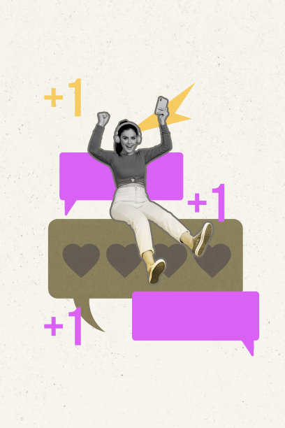 快乐女孩戴着耳机听音乐的竖版照片拼贴，坐在气泡心形中，影响者，受欢迎的博客，背景为涂鸦风格。图片下载