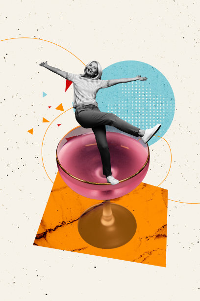 快乐的醉女孩在酒吧庆祝周五，手持马提尼酒杯，纵情舞蹈的竖版海报照片拼贴。图片下载