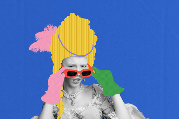 趋势模板草图设计 3D 照片拼贴，描绘一位穿着假发的年轻女性，手戴手套，手持太阳镜，面露迷茫表情，呈现洛可可风格。图片下载