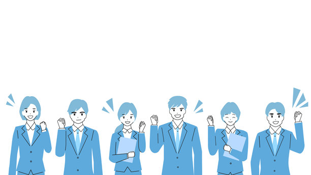 身穿西装的年轻男女全身插画，摆出自信的姿势。图片下载