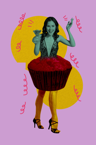 现代垂直照片拼贴，快乐女孩手持马提尼酒杯，穿着闪亮的裙子，旁边是松饼蛋糕和甜点，庆祝生日。图片下载