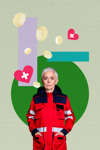 中年女性救援人员穿着制服，站在医疗咨询现场的3D照片拼贴艺术作品。图片下载