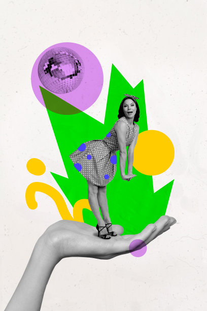 趋势艺术合成横幅 3D 照片拼贴，手持小型年轻女性模特，摆姿势于迪斯科球俱乐部娱乐场所图片下载