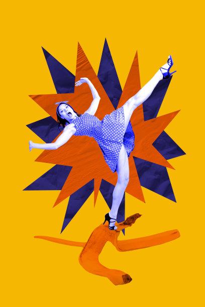 艺术图像，垂直照片拼贴，惊讶的性感女郎站在香蕉皮上，滑倒受伤，异国水果的笑话图片下载