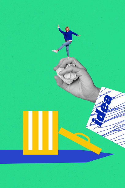 专业空缺办公室经理招聘的复合3D照片拼贴设计趋势草图，年轻女士手持球站在垃圾桶旁。图片下载