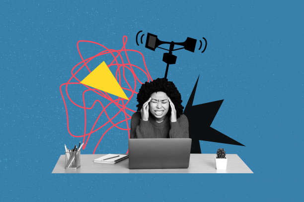 办公室女员工的压力过大，笔记本电脑、扬声器和杂乱的照片拼贴艺术作品草图。图片下载