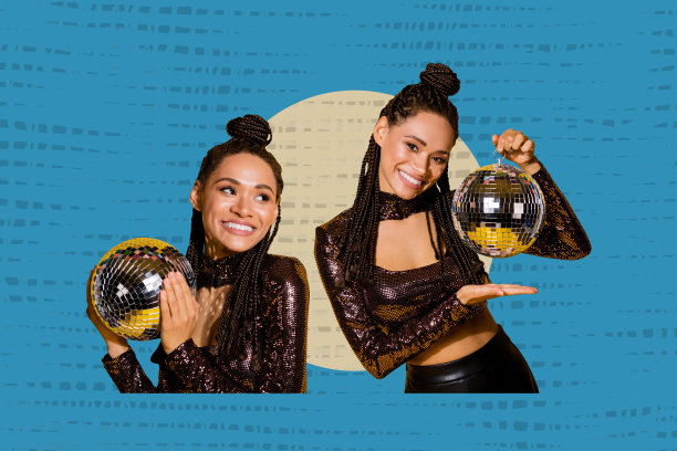 年轻女士的合成趋势艺术作品草图，照片拼贴，迷人的模特在派对上跳舞，听音乐， carefree地手持迪斯科球。图片下载