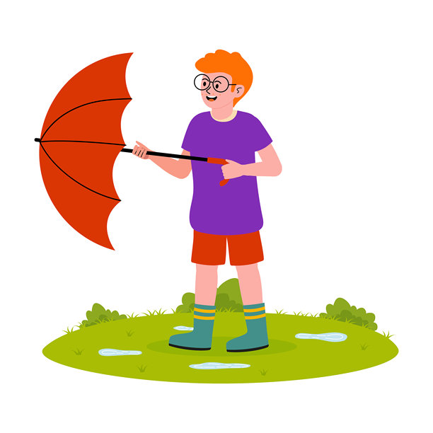 男孩在雨天的院子里，手持红色雨伞，周围是绿色的水洼。图片下载