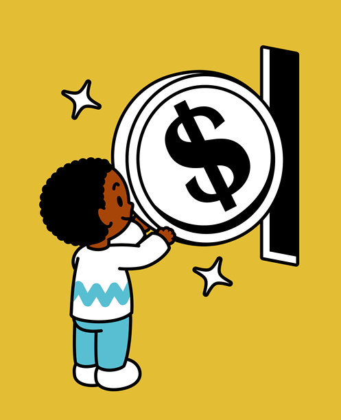 一个可爱的黑人男孩，留着非洲卷发，正把一枚大硬币放入一个黑色的插槽，可能是自动售货机或储蓄罐，三分之四的背面视角，黑色轮廓，平面色彩，极简风格图片下载