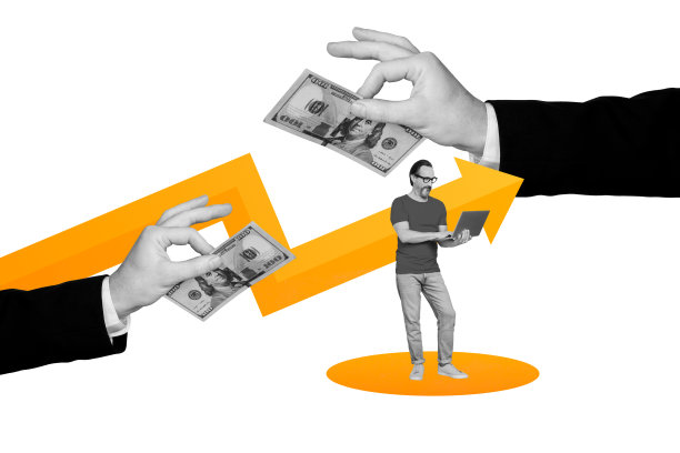 合成照片拼贴，展示两只手向一名工人提供贿赂，手中拿着笔记本电脑，象征自由职业、箭头、晋升和成功，背景为涂鸦风格。图片下载