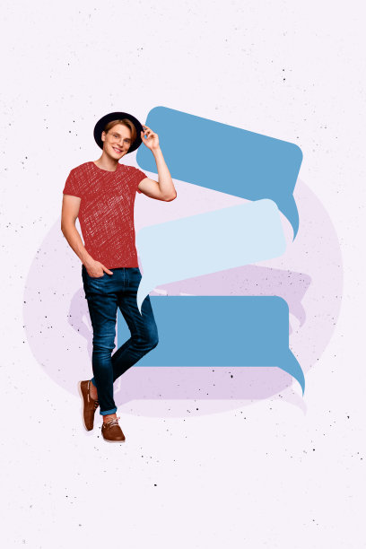 年轻男孩站立姿势，手持帽子，文本框对话气泡，孤立在涂鸦背景上的竖向照片拼贴。图片下载