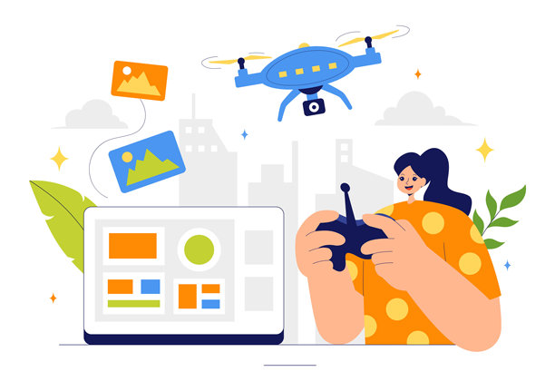 无人机摄影矢量插图，展示一架带遥控器的无人机，在平面背景中从高空拍摄照片和视频图片下载