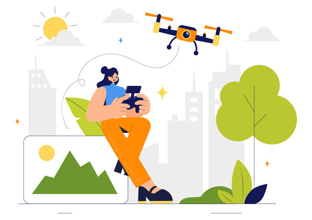 无人机摄影矢量插图，展示一架带遥控器的无人机，在平面背景中拍摄空中照片和视频。图片下载