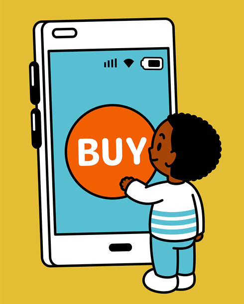 一个可爱的黑人男孩，留着非洲卷发，正在大智能手机屏幕上按下购买按钮，三分之四的背面视角，黑色轮廓与平面色彩，极简风格图片下载